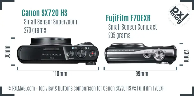Canon SX720 HS vs FujiFilm F70EXR top view buttons comparison