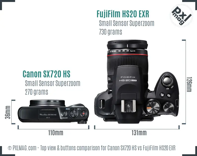 Canon SX720 HS vs FujiFilm HS20 EXR top view buttons comparison