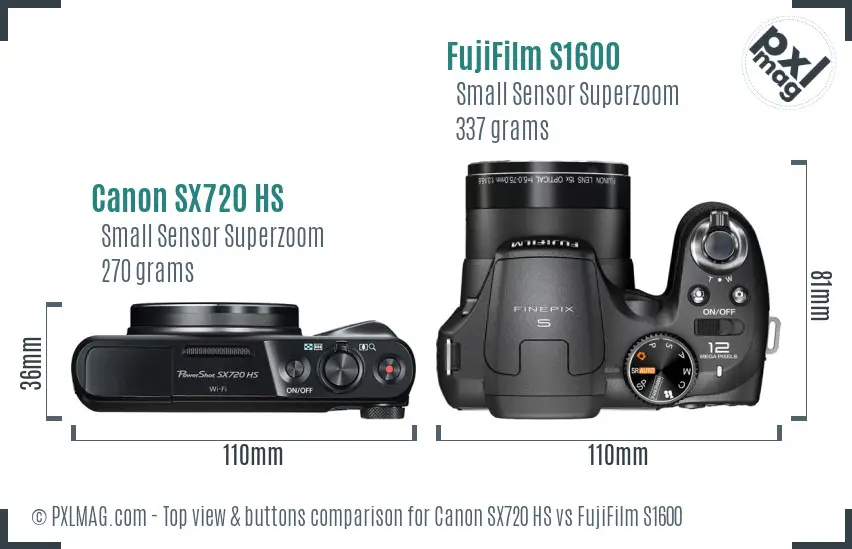 Canon SX720 HS vs FujiFilm S1600 top view buttons comparison