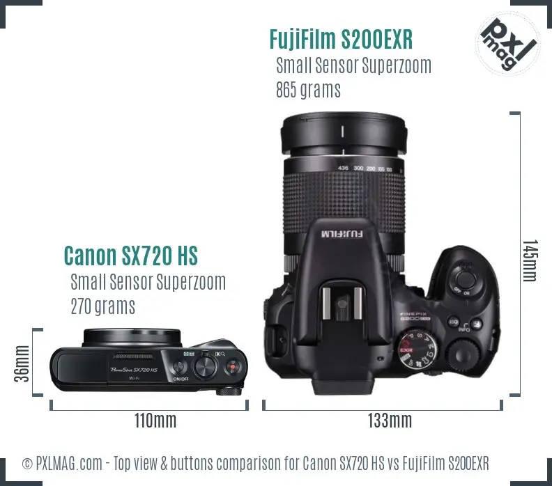 Canon SX720 HS vs FujiFilm S200EXR top view buttons comparison