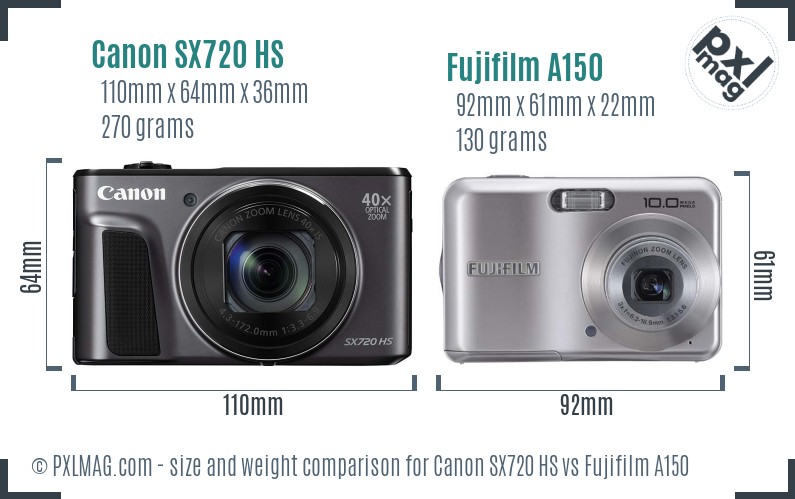 Canon SX720 HS vs Fujifilm A150 size comparison