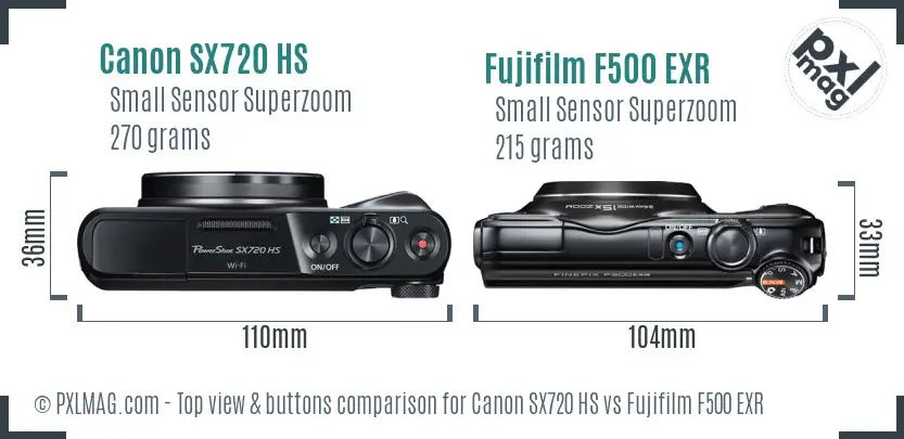 Canon SX720 HS vs Fujifilm F500 EXR top view buttons comparison