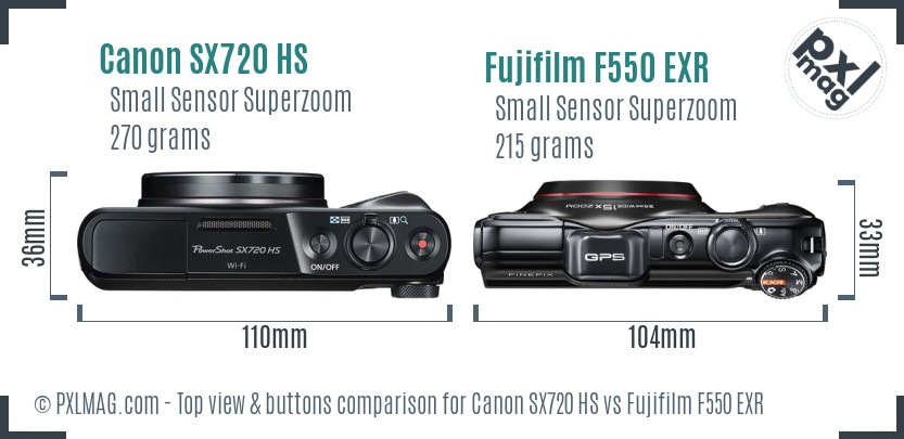 Canon SX720 HS vs Fujifilm F550 EXR top view buttons comparison