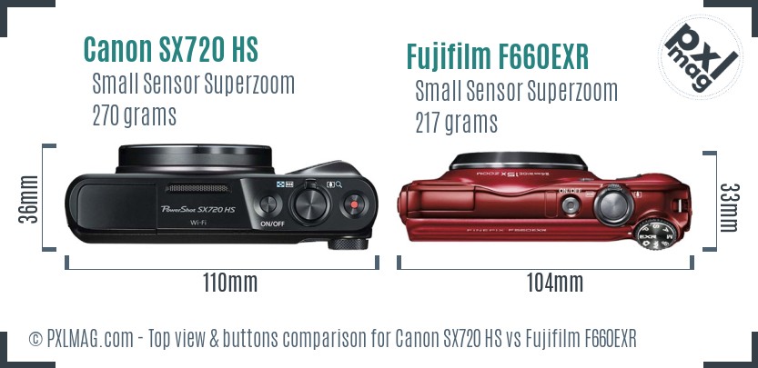 Canon SX720 HS vs Fujifilm F660EXR top view buttons comparison