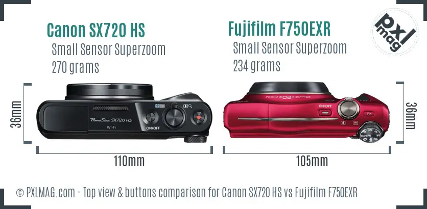 Canon SX720 HS vs Fujifilm F750EXR top view buttons comparison