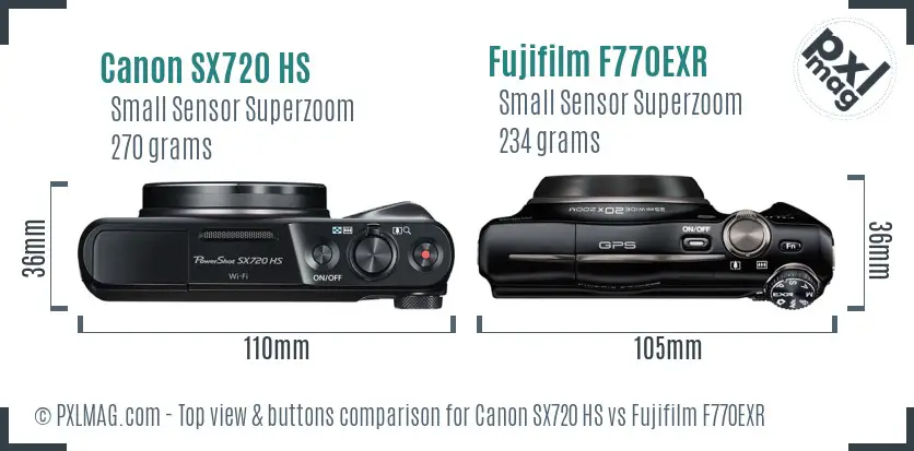 Canon SX720 HS vs Fujifilm F770EXR top view buttons comparison