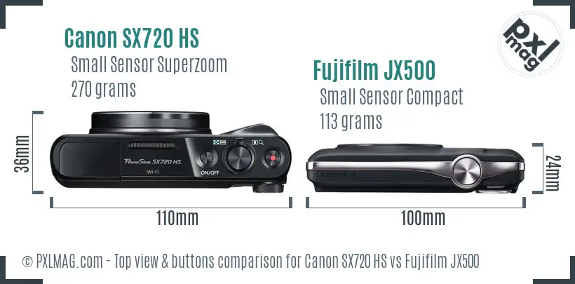 Canon SX720 HS vs Fujifilm JX500 top view buttons comparison Canon SX720 HS vs Fujifilm JX500 top view buttons comparison