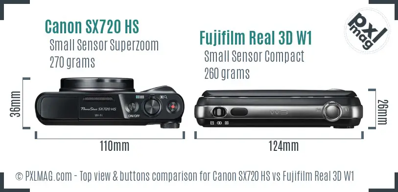 Canon SX720 HS vs Fujifilm Real 3D W1 top view buttons comparison