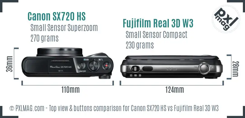 Canon SX720 HS vs Fujifilm Real 3D W3 top view buttons comparison