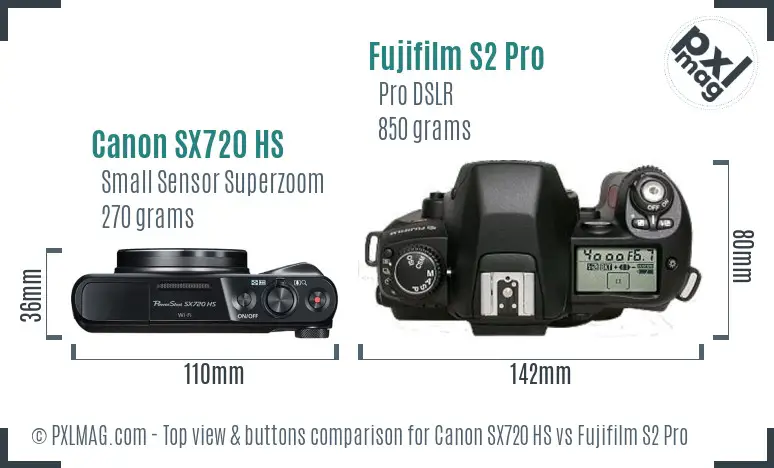 Canon SX720 HS vs Fujifilm S2 Pro top view buttons comparison