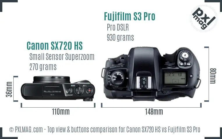 Canon SX720 HS vs Fujifilm S3 Pro top view buttons comparison