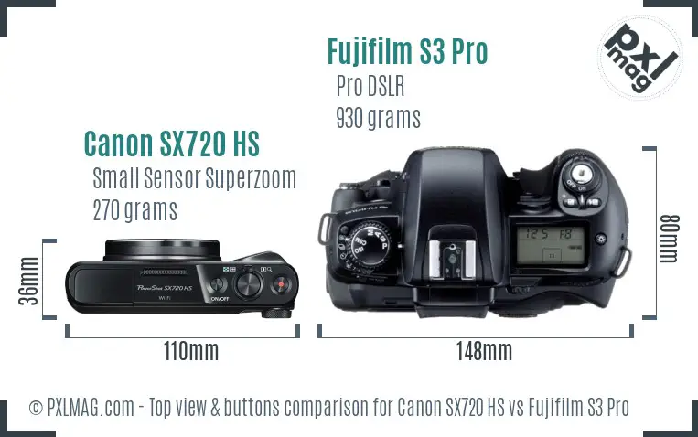 Canon SX720 HS vs Fujifilm S3 Pro top view buttons comparison Canon SX720 HS vs Fujifilm S3 Pro top view buttons comparison