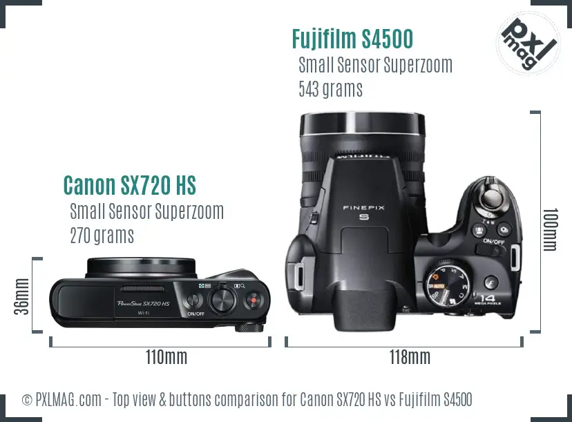 Canon SX720 HS vs Fujifilm S4500 top view buttons comparison