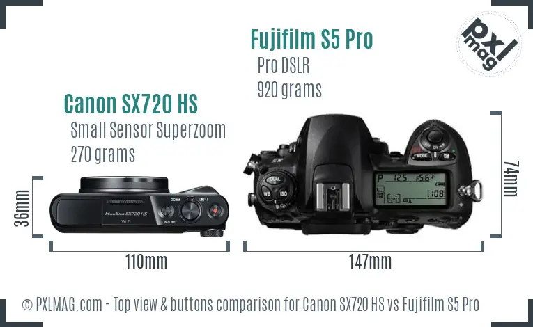 Canon SX720 HS vs Fujifilm S5 Pro top view buttons comparison
