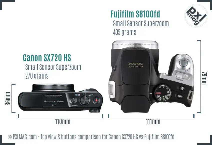 Canon SX720 HS vs Fujifilm S8100fd top view buttons comparison