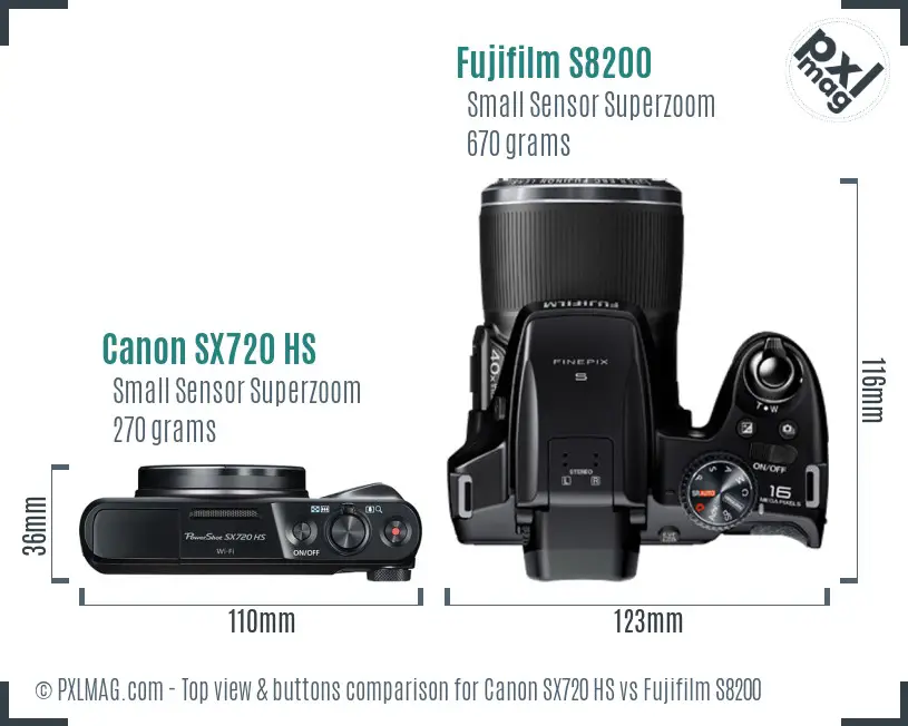 Canon SX720 HS vs Fujifilm S8200 top view buttons comparison Canon SX720 HS vs Fujifilm S8200 top view buttons comparison