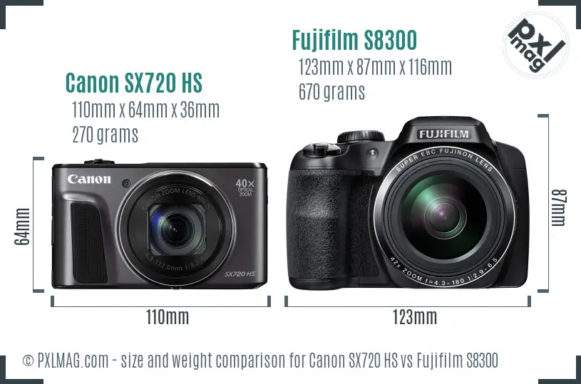 Canon SX720 HS vs Fujifilm S8300 size comparison