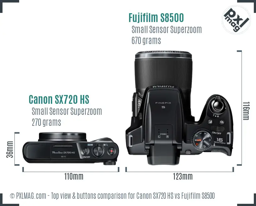 Canon SX720 HS vs Fujifilm S8500 top view buttons comparison Canon SX720 HS vs Fujifilm S8500 top view buttons comparison