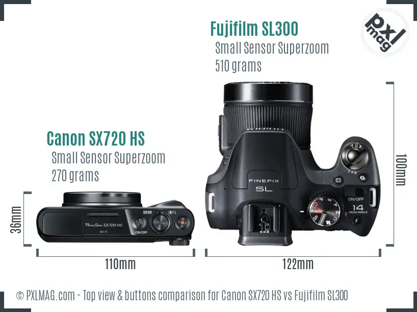 Canon SX720 HS vs Fujifilm SL300 top view buttons comparison