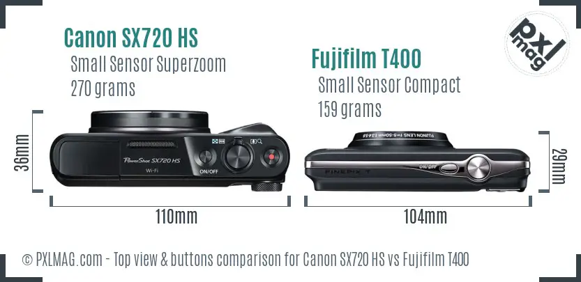 Canon SX720 HS vs Fujifilm T400 top view buttons comparison Canon SX720 HS vs Fujifilm T400 top view buttons comparison