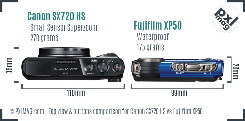 Canon SX720 HS vs Fujifilm XP50 top view buttons comparison