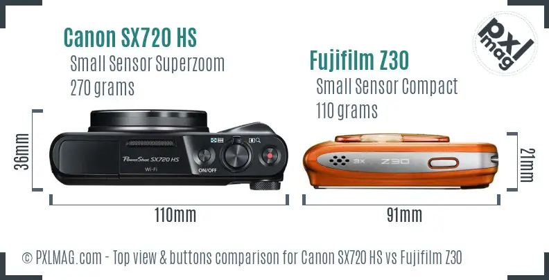 Canon SX720 HS vs Fujifilm Z30 top view buttons comparison