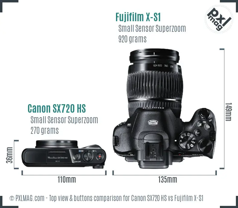 Canon SX720 HS vs Fujifilm X-S1 top view buttons comparison