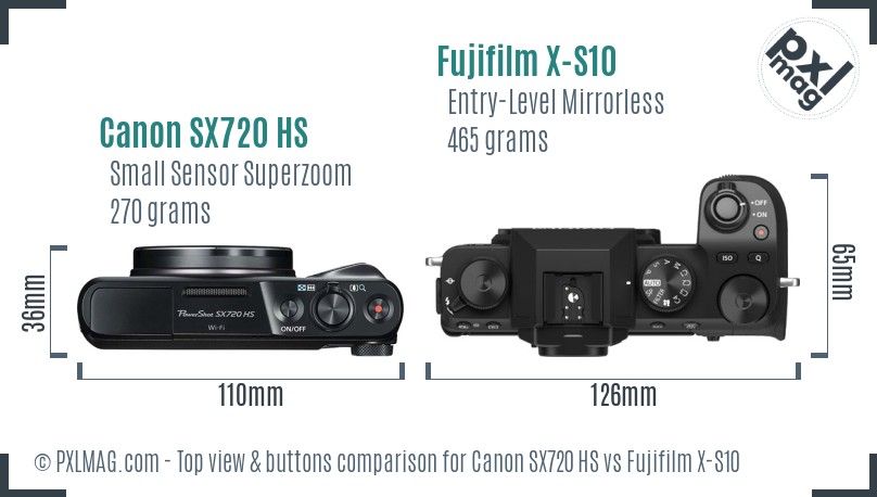 Canon SX720 HS vs Fujifilm X-S10 top view buttons comparison
