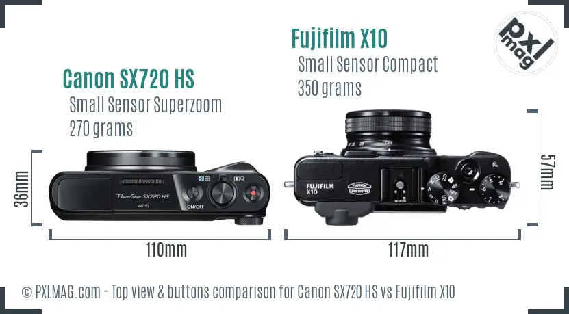 Canon SX720 HS vs Fujifilm X10 top view buttons comparison
