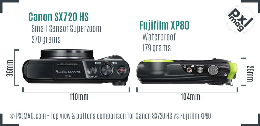 Canon SX720 HS vs Fujifilm XP80 top view buttons comparison Canon SX720 HS vs Fujifilm XP80 top view buttons comparison