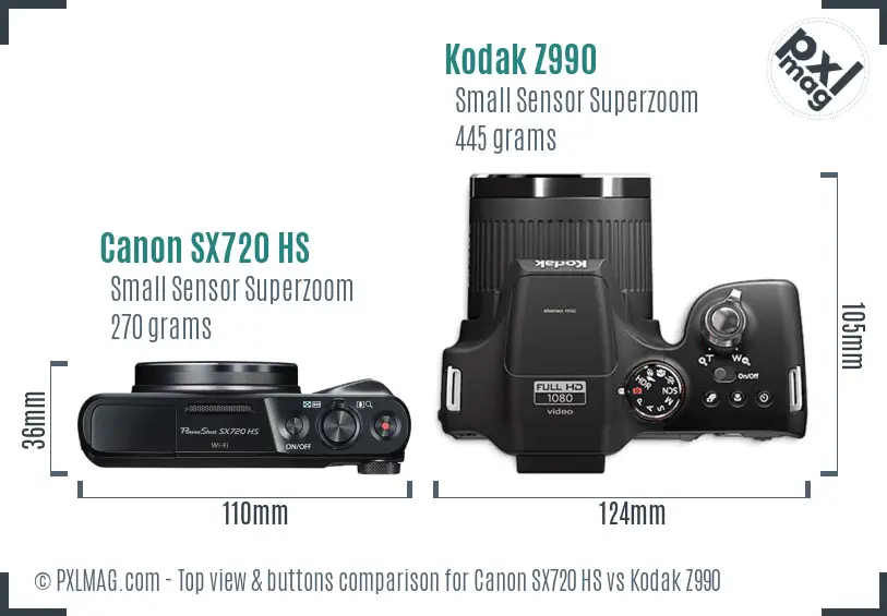 Canon SX720 HS vs Kodak Z990 top view buttons comparison