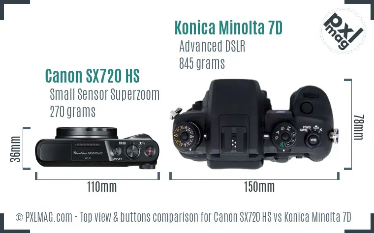 Canon SX720 HS vs Konica Minolta 7D top view buttons comparison
