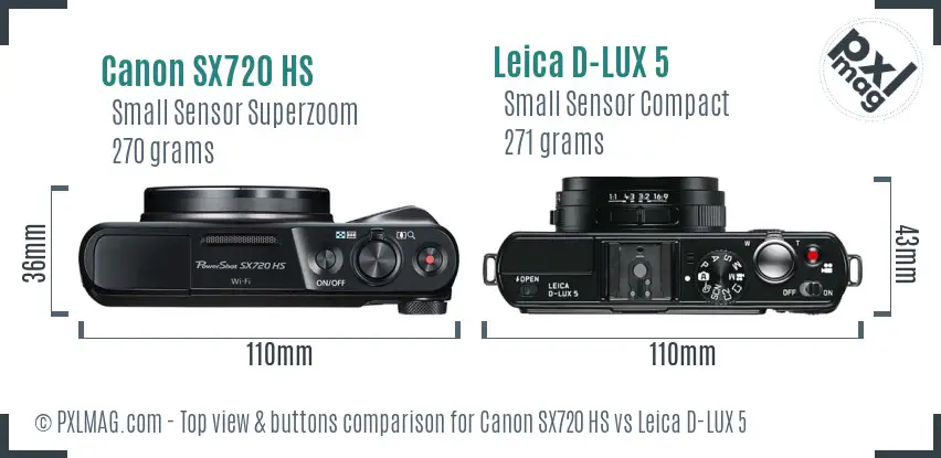 Canon SX720 HS vs Leica D-LUX 5 top view buttons comparison Canon SX720 HS vs Leica D-LUX 5 top view buttons comparison