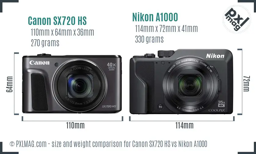 Canon SX720 HS vs Nikon A1000 size comparison