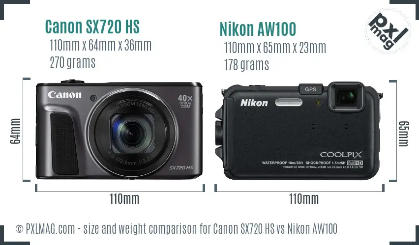 Canon SX720 HS vs Nikon AW100 size comparison Canon SX720 HS vs Nikon AW100 size comparison