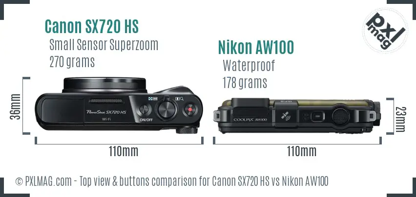 Canon SX720 HS vs Nikon AW100 top view buttons comparison Canon SX720 HS vs Nikon AW100 top view buttons comparison