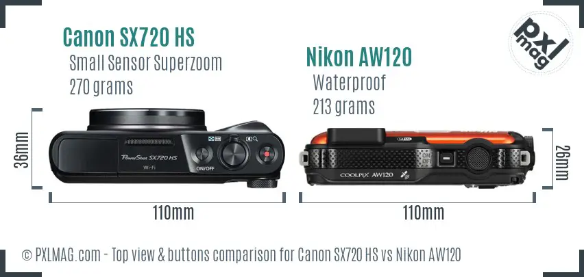 Canon SX720 HS vs Nikon AW120 top view buttons comparison