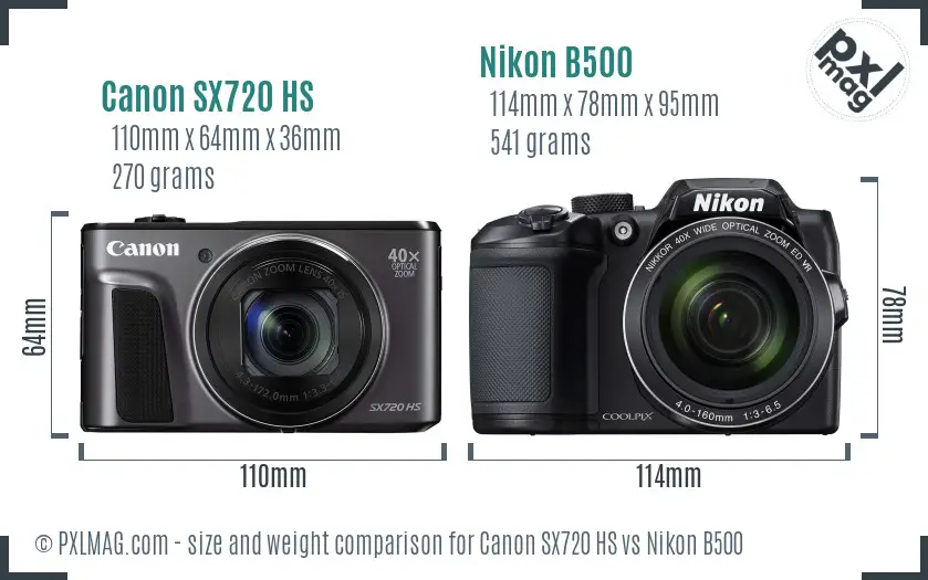 Canon SX720 HS vs Nikon B500 size comparison