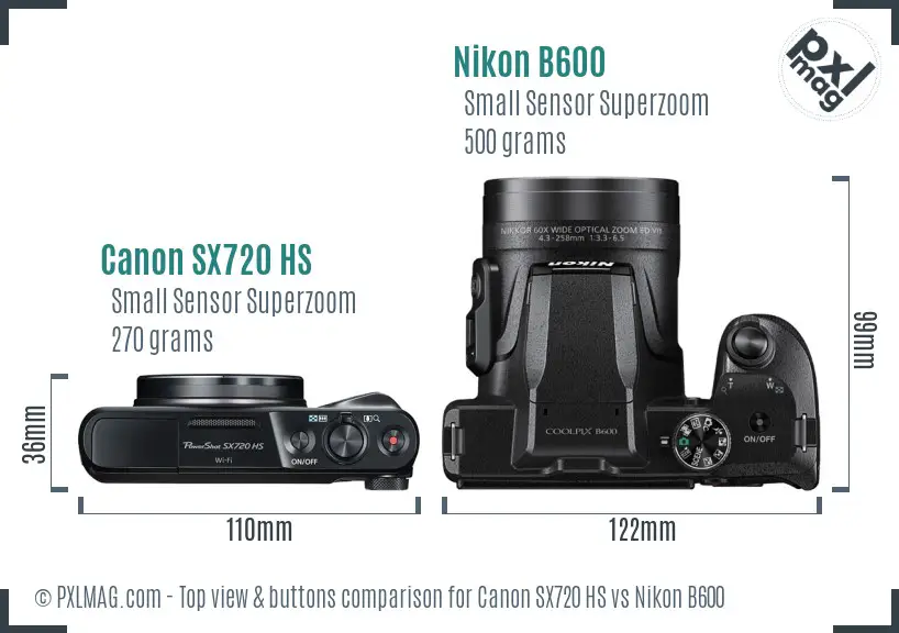 Canon SX720 HS vs Nikon B600 top view buttons comparison Canon SX720 HS vs Nikon B600 top view buttons comparison