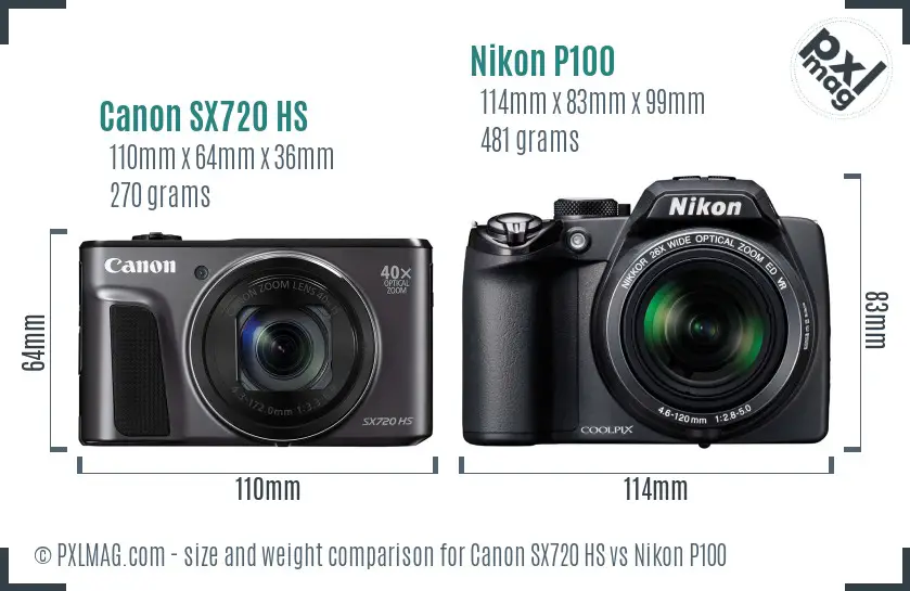 Canon SX720 HS vs Nikon P100 size comparison