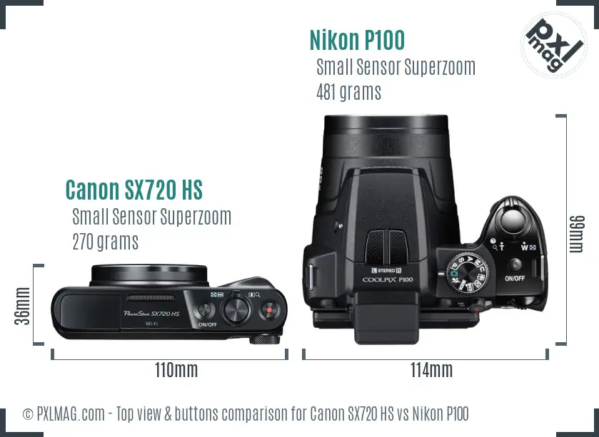 Canon SX720 HS vs Nikon P100 top view buttons comparison