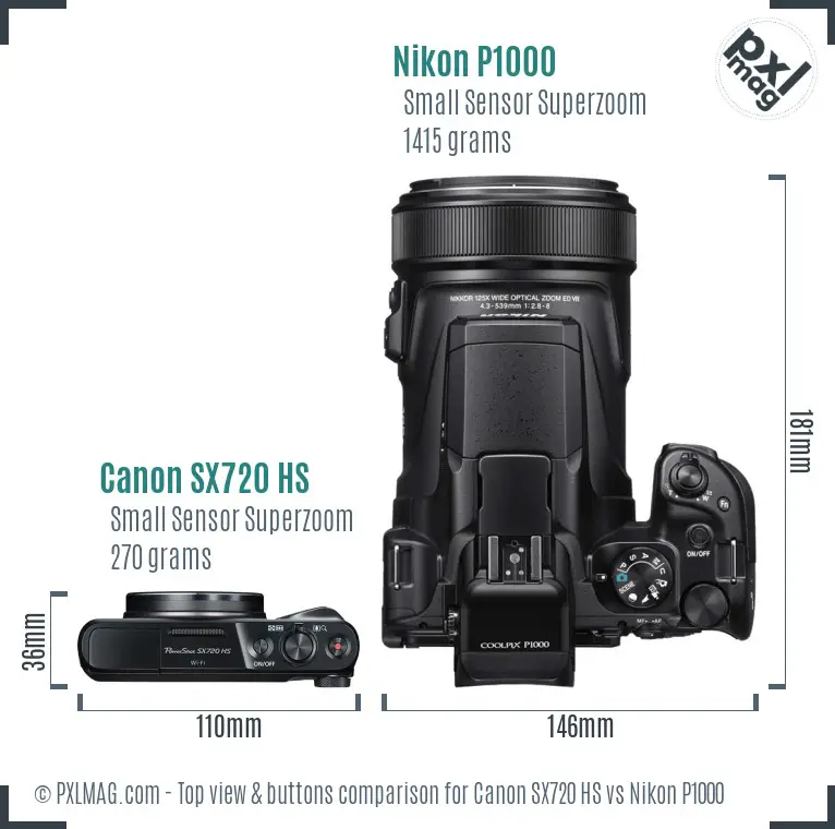 Canon SX720 HS vs Nikon P1000 top view buttons comparison Canon SX720 HS vs Nikon P1000 top view buttons comparison