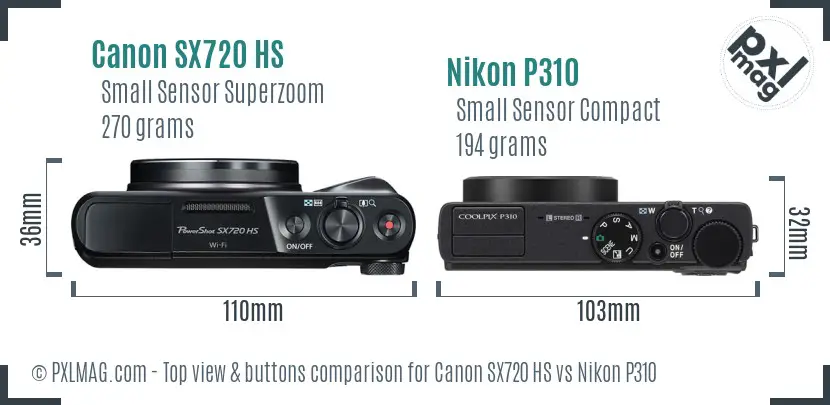 Canon SX720 HS vs Nikon P310 top view buttons comparison