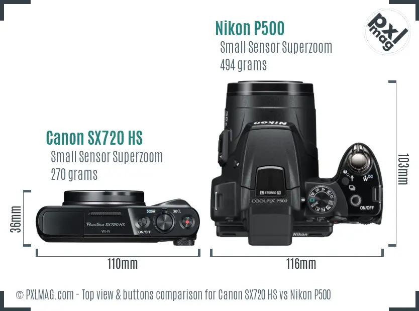 Canon SX720 HS vs Nikon P500 top view buttons comparison