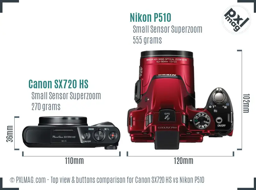 Canon SX720 HS vs Nikon P510 top view buttons comparison Canon SX720 HS vs Nikon P510 top view buttons comparison