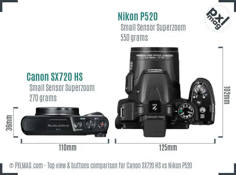 Canon SX720 HS vs Nikon P520 top view buttons comparison Canon SX720 HS vs Nikon P520 top view buttons comparison