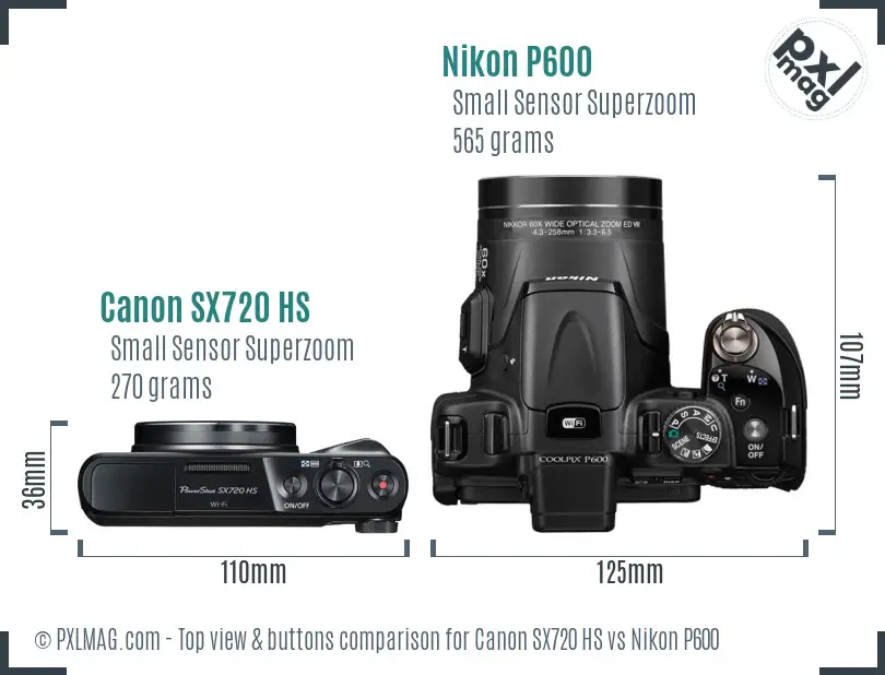 Canon SX720 HS vs Nikon P600 top view buttons comparison Canon SX720 HS vs Nikon P600 top view buttons comparison