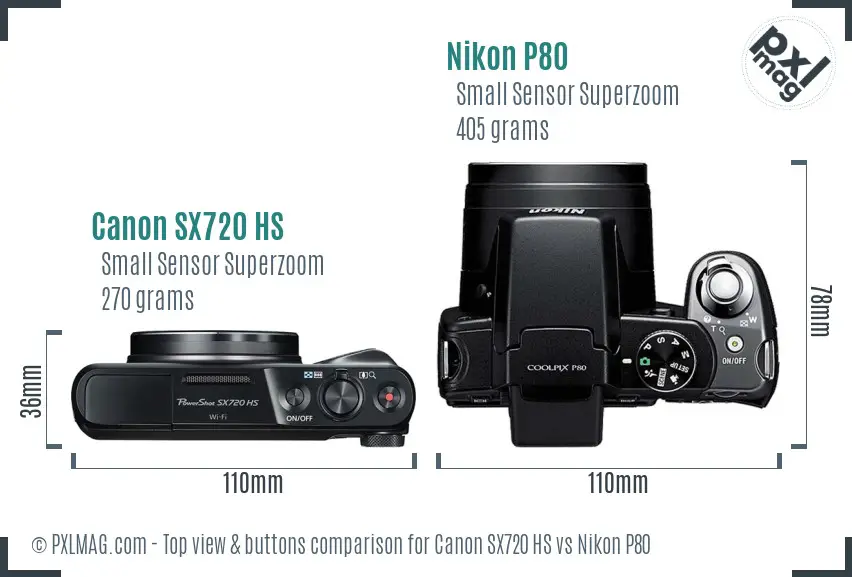 Canon SX720 HS vs Nikon P80 top view buttons comparison