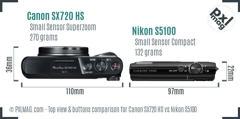 Canon SX720 HS vs Nikon S5100 top view buttons comparison Canon SX720 HS vs Nikon S5100 top view buttons comparison