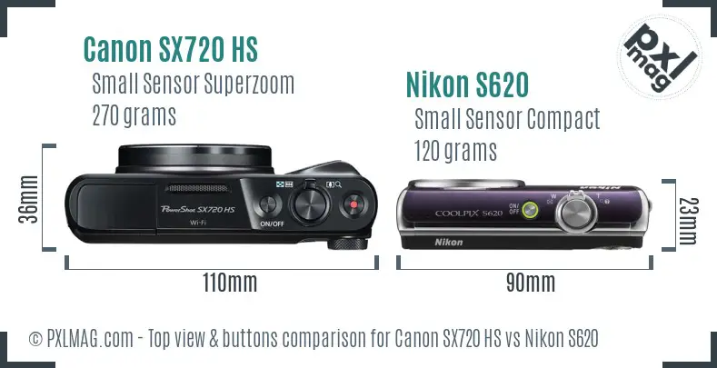Canon SX720 HS vs Nikon S620 top view buttons comparison